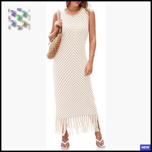Crochet Knit Maxi Dress Sleeveless Striped Tassel Boho Summer Casual